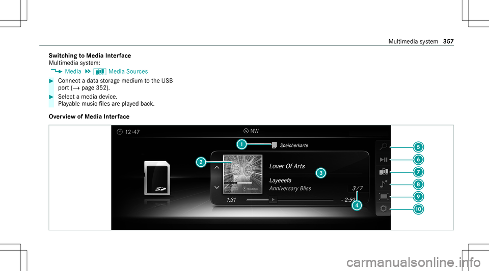 MERCEDES-BENZ AMG GT 4-DOOR COUPE 2020  AMG Owners Manual Switc
hingtoMedia Interface
Mult imed iasystem:
4 Media 5
à Media Sources #
Connec ta dat ast or ag emedium totheUSB
por t(/ page352). #
Select amedia device.
Pla yable music files arepla yedbac k.
O