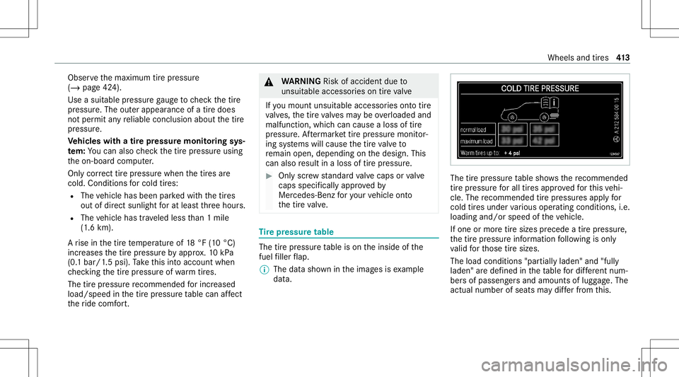 MERCEDES-BENZ AMG GT 4-DOOR COUPE 2020 AMG Owners Manual Obser
vethemaximum tirepr essur e
(/ page42 4).
Use asuit able pressur ega ug eto checkth etir e
pr essur e.The outerappear anceofatir edoes
no tper mit anyre liable conclusion aboutthetir e
pr essur MERCEDES-BENZ AMG GT 4-DOOR COUPE 2020 AMG Owners Manual Obser
vethemaximum tirepr essur e
(/ page42 4).
Use asuit able pressur ega ug eto checkth etir e
pr essur e.The outerappear anceofatir edoes
no tper mit anyre liable conclusion aboutthetir e
pr essur