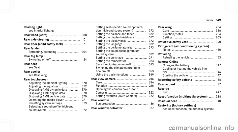 MERCEDES-BENZ AMG GT 4-DOOR COUPE 2020 AMG Owners Manual Re
ading light
see Interior lighting
Re alwo od (Car e).....................................3 88
Re ar axle steer ing .................................... 151
Re ar door (child safetyloc k) .......... MERCEDES-BENZ AMG GT 4-DOOR COUPE 2020 AMG Owners Manual Re
ading light
see Interior lighting
Re alwo od (Car e).....................................3 88
Re ar axle steer ing .................................... 151
Re ar door (child safetyloc k) ..........