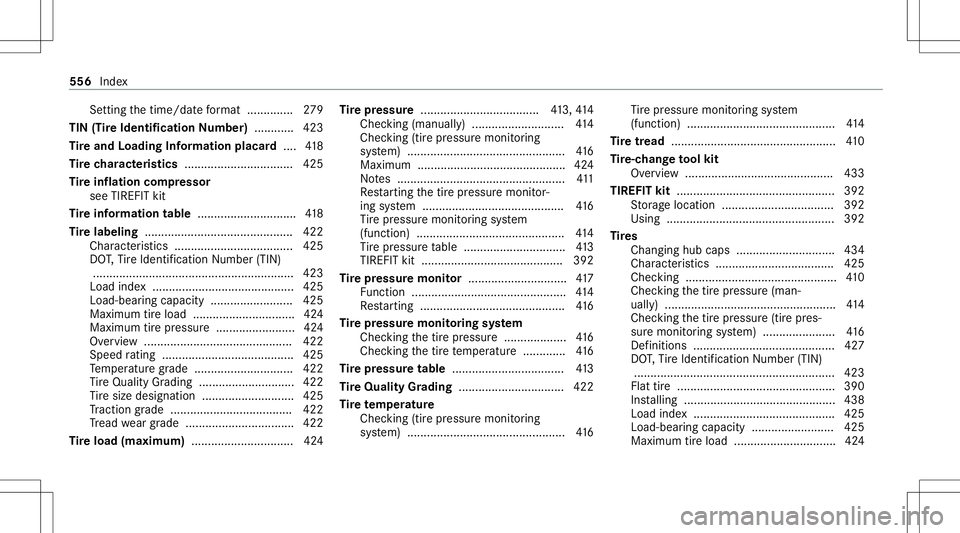 MERCEDES-BENZ AMG GT 4-DOOR COUPE 2020 AMG Owners Manual Se
tting thetime/ datefo rm at .............. 279
TIN (TireIde ntificat ion Numbe r)........... .423
Ti re and Loading Information placard.... 418
Ti re charact eristics .............................. MERCEDES-BENZ AMG GT 4-DOOR COUPE 2020 AMG Owners Manual Se
tting thetime/ datefo rm at .............. 279
TIN (TireIde ntificat ion Numbe r)........... .423
Ti re and Loading Information placard.... 418
Ti re charact eristics ..............................