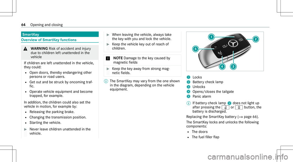 MERCEDES-BENZ AMG GT 4-DOOR COUPE 2020 AMG Owners Manual Smar
tKey Ov
ervie wof Smar tKey functio ns &
WARNIN GRisk ofacci dent andinjury
due tochildr enleftunat tende din the
ve hicle
If ch ildr enarelef tunat tende din theve hicle,
th ey cou ld:
R Ope ndo MERCEDES-BENZ AMG GT 4-DOOR COUPE 2020 AMG Owners Manual Smar
tKey Ov
ervie wof Smar tKey functio ns &
WARNIN GRisk ofacci dent andinjury
due tochildr enleftunat tende din the
ve hicle
If ch ildr enarelef tunat tende din theve hicle,
th ey cou ld:
R Ope ndo