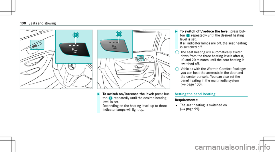 MERCEDES-BENZ GLS COUPE 2020  Owners Manual #
Toswitc hon/incr easetheleve l:pr ess but‐
to n1 repeat edly until thedesir edheating
le ve lis set.
Depe ndingon theheating leve l,up tothre e
indic ator lam pswill light up. #
Toswitc hof f/r ed