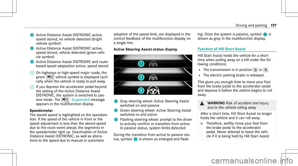 MERCEDES-BENZ GLS COUPE 2020  Owners Manual 3
ActiveDis tance AssistDIS TRONI Cacti ve,
speed stor ed, novehicle detected (brigh t
ve hicle symbol)
4 ActiveDis tance AssistDIS TRONI Cacti ve,
speed stor ed, vehicle detected (green vehi‐
cle s