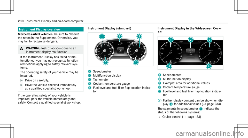 MERCEDES-BENZ GLS COUPE 2020  Owners Manual Ins
trum ent Disp layove rview
Mer cedes- AMGvehicl es:besur eto obser ve
th eno tesin theSupplement .Ot her wise, you
ma yfa ilto recogni zedangers. &
WARNIN GRisk ofacci dent dueto an
ins trumen tdi