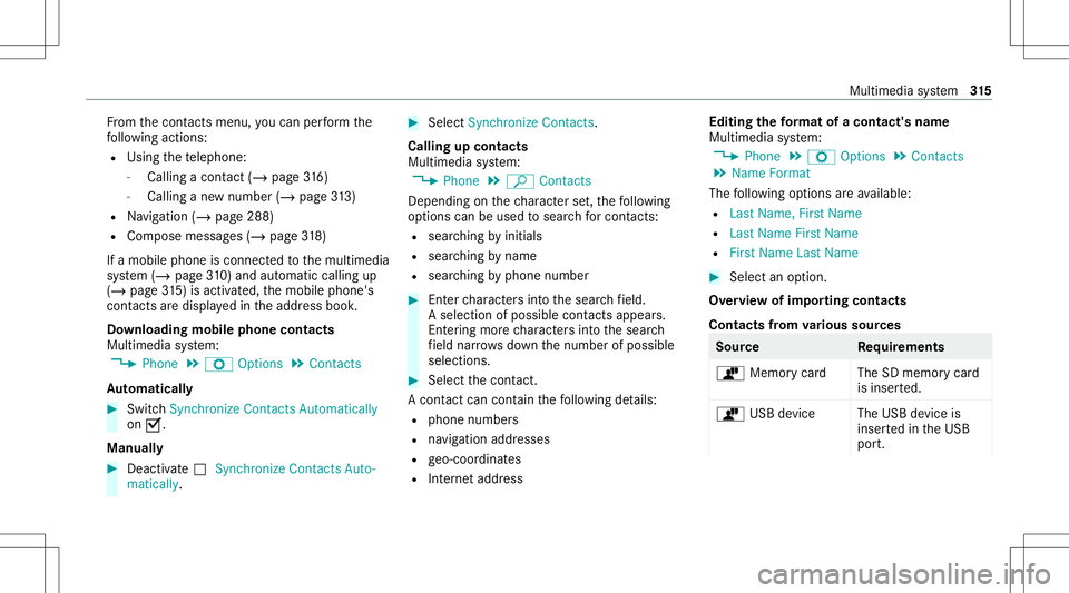MERCEDES-BENZ GLS COUPE 2020  Owners Manual Fr
om thecon tacts menu ,yo ucan perform the
fo llo wing actions :
R Usin gth ete lephon e:
- Calling acon tact (/ page 316)
- Callingane wnum ber(/ page 313)
R Navig ation (/page288)
R Com pose messa