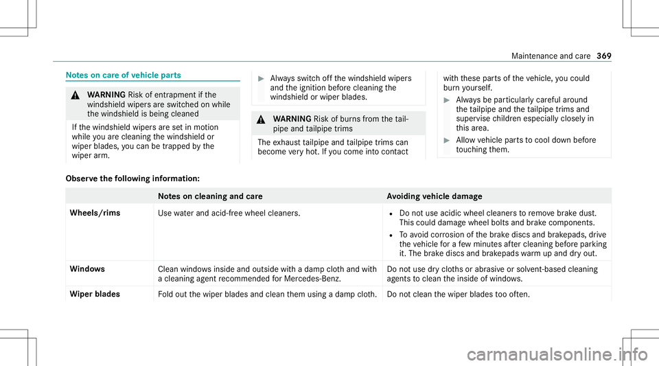 MERCEDES-BENZ GLS COUPE 2020  Owners Manual No
teson car eof vehicl epar ts &
WARNIN GRisk ofentr apment ifth e
winds hieldwiper sar eswit ched on while
th ewindshield isbeing cleaned
If th ewindshield wipersar ese tin mo tion
while youar ecle 