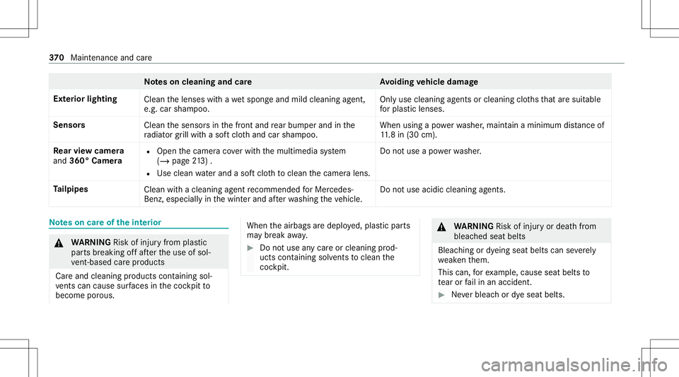 MERCEDES-BENZ GLS COUPE 2020  Owners Manual No
teson cleaning andcareA voiding vehicl edamag e
Ext erior lighting
Cleanthelenses withawe tsp ong eand mildcle ani ng agent,
e.g .car shampoo. Onl
yuse cleaning agents orcleaning clothsth at aresui