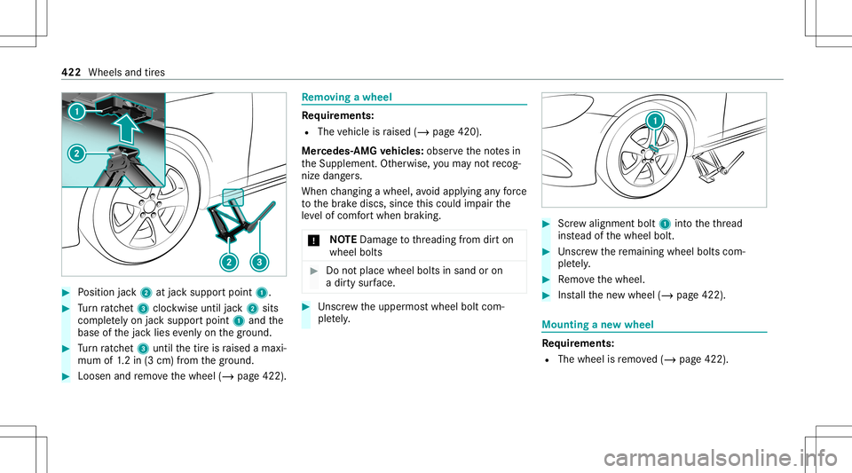 MERCEDES-BENZ GLS COUPE 2020  Owners Manual #
Position jack2 atjac ksuppor tpoint 1. #
Turn ratche t3 clockwise untiljac k2 sits
com pletely on jacksuppor tpoint 1and the
base ofthejac klies evenlyon thegr ound. #
Turn ratche t3 unti lth etir e