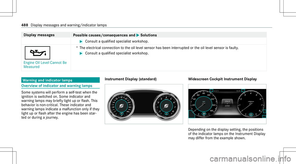 MERCEDES-BENZ GLS COUPE 2020  Owners Manual Disp
laymes sages
Possible causes/conseq uencesand0050 0050
Solutions #
Consult aqu alif ied spec ialistwo rkshop.
00B3 Engine OilLevel Cannot Be
Measured *T
heelectr icalconn ection totheoil leve lse