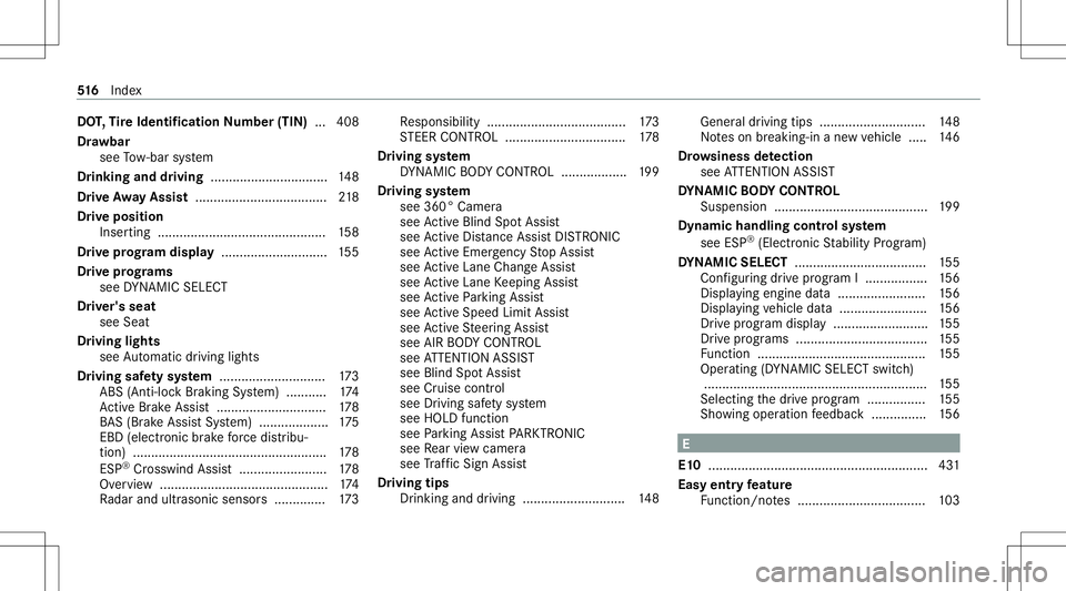 MERCEDES-BENZ GLS COUPE 2020  Owners Manual DO
T,Tire Iden tificat ionNumbe r(TI N) ... 408
Dr aw bar
see Tow- bar system
Dr inking anddriving ................................ 148
Dr ive Awa yAssis t.... ................................ 218
Dr 