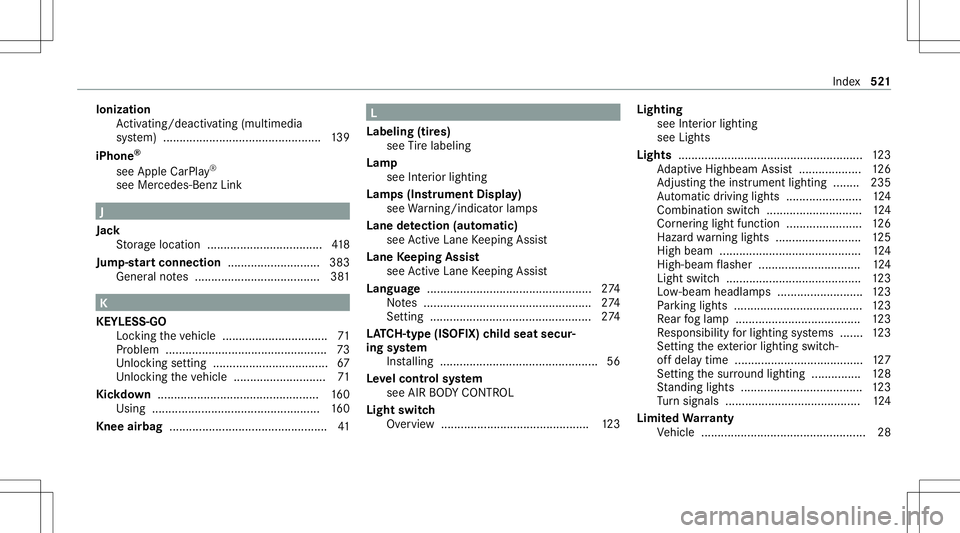MERCEDES-BENZ GLS COUPE 2020  Owners Manual Ioniz
ation
Ac tivati ng/d eactiv ating (mu ltimed ia
sy stem) .......................................... ...... 139
iPhone ®
see Apple CarPla y®
see Mercedes- BenzLink J
Jac k
St or ag elocation ..