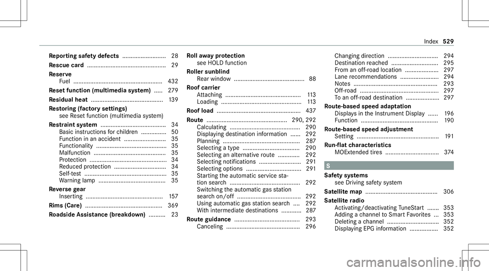 MERCEDES-BENZ GLS COUPE 2020  Owners Manual Re
por ting safetydef ects .......................... 28
Re scue card...... ......................................... 29
Re ser ve
Fu el ..................................................... 432
Re se