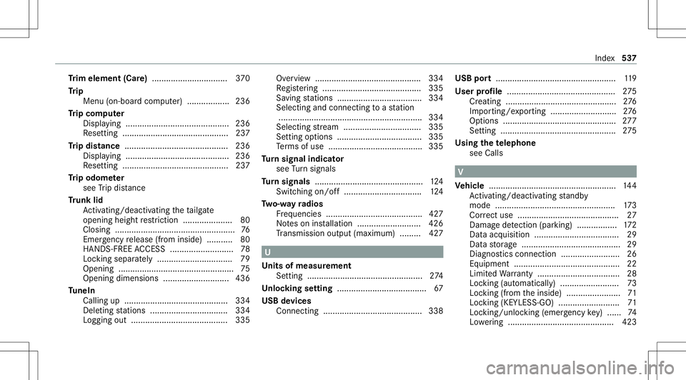MERCEDES-BENZ GLS COUPE 2020  Owners Manual Tr
im element (Care)................................ 370
Tr ip
Menu (on-boar dcom puter) .................. 236
Tr ip com puter
Displa ying............................................ 236
Re settin g.
