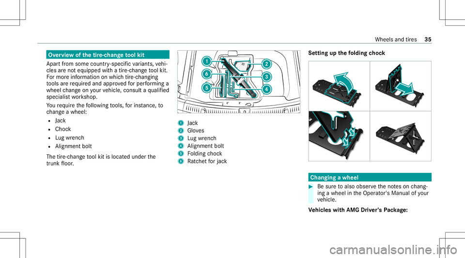 MERCEDES-BENZ GLS COUPE 2020  AMG Owners Manual Ov
ervie wof thetir e-c han getool kit
Apar tfr om some country- specif icvariant s,vehi‐
cles areno teq uipped withatir e-c hang eto ol kit.
Fo rmor einf ormation onwhi chtire-c hangi ng
to ols are