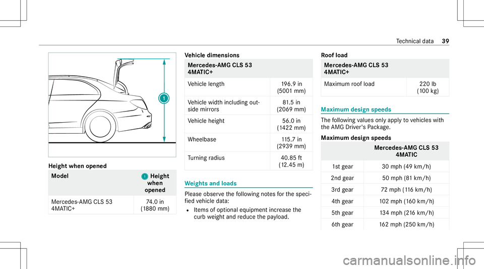 MERCEDES-BENZ GLS COUPE 2020  AMG Owners Manual Heig
htwhe nopen ed Model
1 1
Heig ht
whe n
open ed
Mer cedes- AMGCLS53
4MA TIC+ 74
.0 in
(1 880 mm) Ve
hicl edimens ions Mer
cedes- AMG CLS53
4MA TIC+
Ve hicle length1 96.9in
(500 1mm)
Ve hicle width