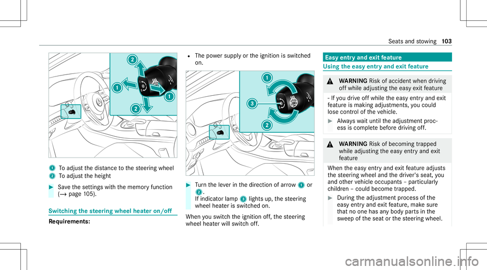 MERCEDES-BENZ S-CLASS COUPE 2020 Owners Manual 1
Toadjus tth edis tance tothesteer ing wheel
2 Toadjus tth eheight #
Save these ttings withth ememor yfunc tion
(/ page10 5). Swi
tching thest eer ing wheel heateron/of f Re
quirement s: R
The powe r MERCEDES-BENZ S-CLASS COUPE 2020 Owners Manual 1
Toadjus tth edis tance tothesteer ing wheel
2 Toadjus tth eheight #
Save these ttings withth ememor yfunc tion
(/ page10 5). Swi
tching thest eer ing wheel heateron/of f Re
quirement s: R
The powe r