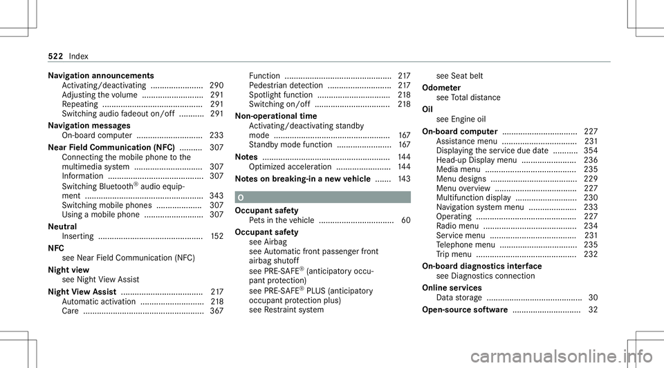 MERCEDES-BENZ S-CLASS COUPE 2020  Owners Manual Na
vig ation announcements
Ac tivati ng/d eactiv ating ........... ............290
Ad jus ting thevo lume ...................... .....2 91
Re peating ........................................ .... 291
