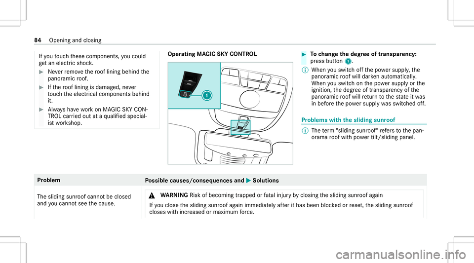 MERCEDES-BENZ S-CLASS COUPE 2020 Owners Manual If
yo uto uc hth ese com ponen ts,youco uld
get anelec tric shoc k. #
Neverre mo vethero of lining behind the
panor amicroof. #
Ifth ero of lining isdamag ed,never
to uc hth eelectr icalcom ponen tsbe MERCEDES-BENZ S-CLASS COUPE 2020 Owners Manual If
yo uto uc hth ese com ponen ts,youco uld
get anelec tric shoc k. #
Neverre mo vethero of lining behind the
panor amicroof. #
Ifth ero of lining isdamag ed,never
to uc hth eelectr icalcom ponen tsbe