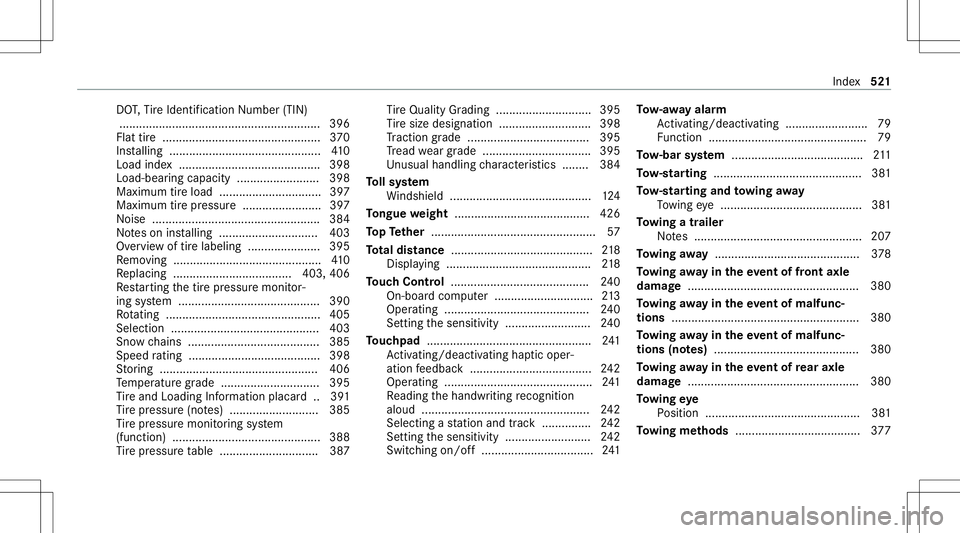 MERCEDES-BENZ G-CLASS 2020 Owners Manual DO
T,Tire Identif ication Number (TIN)
..... .................................................. ......3 96
Flat tire ....... ......................................... 370
Ins talling ................. MERCEDES-BENZ G-CLASS 2020 Owners Manual DO
T,Tire Identif ication Number (TIN)
..... .................................................. ......3 96
Flat tire ....... ......................................... 370
Ins talling .................