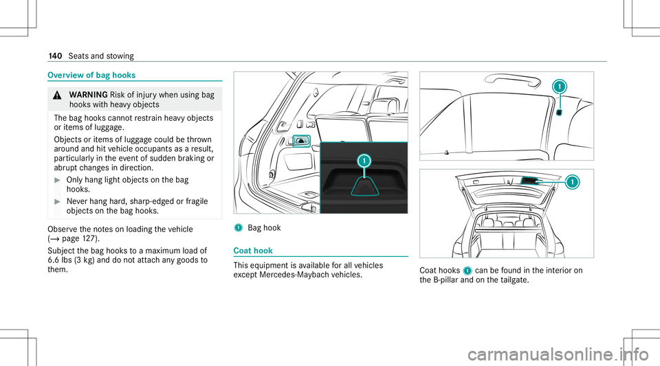 MERCEDES-BENZ GLS SUV 2020  Owners Manual Ov
ervie wof bag hook s &
WARNIN GRisk ofinju rywhen usingbag
hook swit hhea vyobj ect s
The bag hook scan notre stra in hea vyobje cts
or items oflugg age.
Obj ectsor items oflugg agecould bethrow n
