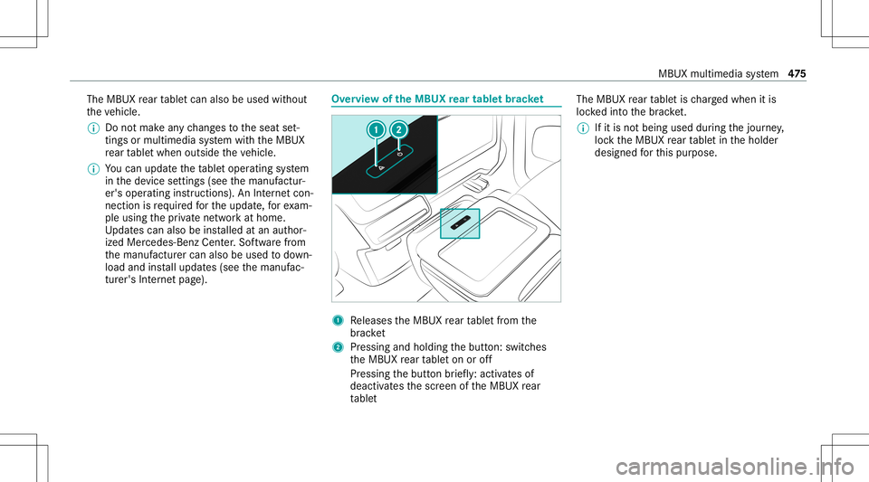MERCEDES-BENZ GLS SUV 2020 Owners Manual The
MBUX rear table tcan also beused without
th eve hicle.
% Donotmak ean ych ang estotheseat set‐
ting sor multimedia system withth eMBUX
re ar table twhen outside theve hicle.
% Youcan updat eth e MERCEDES-BENZ GLS SUV 2020 Owners Manual The
MBUX rear table tcan also beused without
th eve hicle.
% Donotmak ean ych ang estotheseat set‐
ting sor multimedia system withth eMBUX
re ar table twhen outside theve hicle.
% Youcan updat eth e