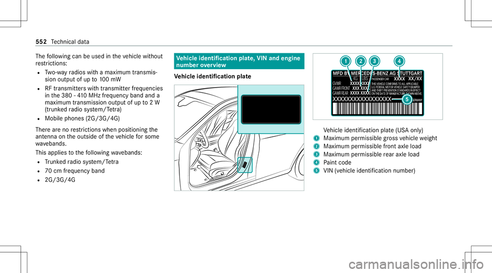 MERCEDES-BENZ GLS SUV 2020  Owners Manual The
follo wing canbeused intheve hicle without
re strictions :
R Two-w ayradios withamaximum transmis ‐
sion output ofup to100mW
R RFtransmi tter swit htransmi tter freq uenci es
in the380 -41 0MHz 