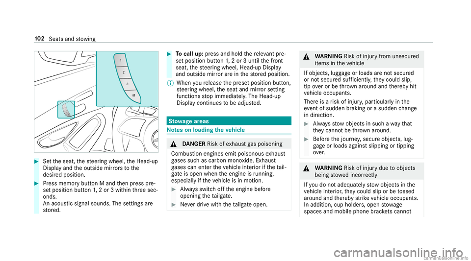 MERCEDES-BENZ GLC COUPE 2020 Owners Manual #
Setth eseat, thesteer ing wheel, theHead-up
Displa yand theoutside mirrors to the
desir edposition . #
Press memor ybutt onMand then press pre‐
se tposition button1,2or 3wit hin thre esec‐
onds. MERCEDES-BENZ GLC COUPE 2020 Owners Manual #
Setth eseat, thesteer ing wheel, theHead-up
Displa yand theoutside mirrors to the
desir edposition . #
Press memor ybutt onMand then press pre‐
se tposition button1,2or 3wit hin thre esec‐
onds.