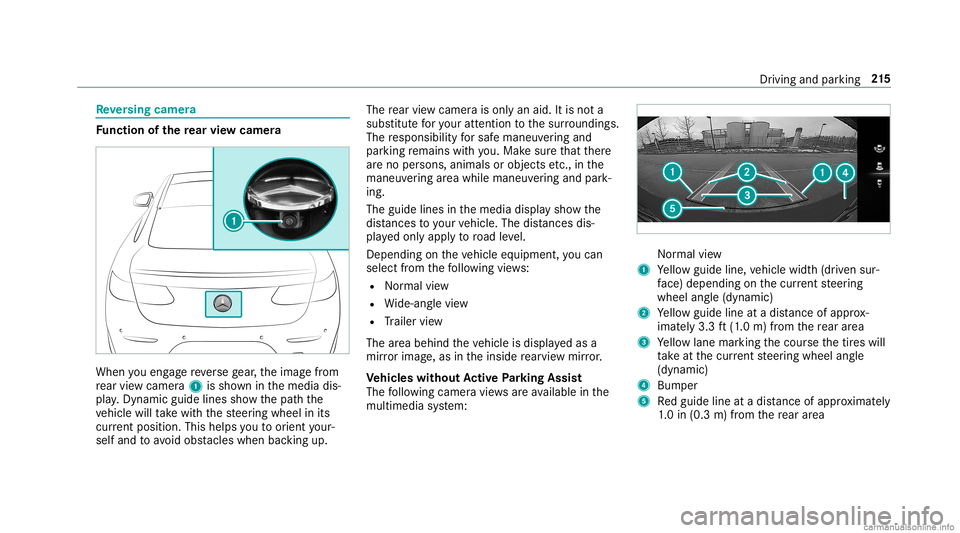 MERCEDES-BENZ GLC COUPE 2020 Owners Manual Re
versing camer a Fu
nction ofthere ar vie wcamer a When
youen gage reve rsege ar,th eimag efrom
re ar vie wcam era1 issho wninthemedia dis‐
pla y.Dyna micguide lines showthepat hth e
ve hicle will MERCEDES-BENZ GLC COUPE 2020 Owners Manual Re
versing camer a Fu
nction ofthere ar vie wcamer a When
youen gage reve rsege ar,th eimag efrom
re ar vie wcam era1 issho wninthemedia dis‐
pla y.Dyna micguide lines showthepat hth e
ve hicle will