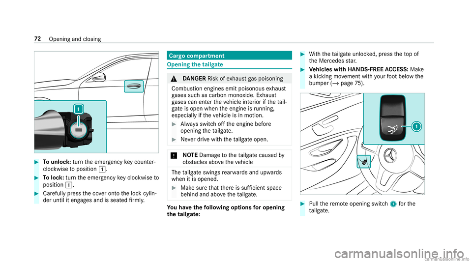 MERCEDES-BENZ GLC COUPE 2020 Owners Manual #
Tounlo ck:tur nth eemer gency keyco unt er-
clo ckwise toposition 0047. #
Toloc k:tur nth eemer gency keyclo ckwise to
position 0047. #
Carefully press theco veront oth eloc kcyli n‐
der until ite MERCEDES-BENZ GLC COUPE 2020 Owners Manual #
Tounlo ck:tur nth eemer gency keyco unt er-
clo ckwise toposition 0047. #
Toloc k:tur nth eemer gency keyclo ckwise to
position 0047. #
Carefully press theco veront oth eloc kcyli n‐
der until ite