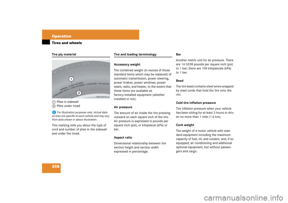 MERCEDES-BENZ E63AMG WAGON 2007 S211 Owners Manual 358 OperationTires and wheelsTire ply material
1Plies in sidewall
2Plies under tread
This marking tells you about the type of
cord and number of plies in the sidewall
and under the tread.
Tire and l MERCEDES-BENZ E63AMG WAGON 2007 S211 Owners Manual 358 OperationTires and wheelsTire ply material
1Plies in sidewall
2Plies under tread
This marking tells you about the type of
cord and number of plies in the sidewall
and under the tread.
Tire and l