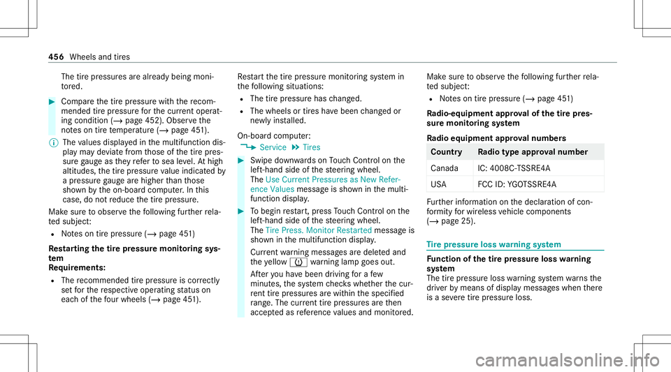 MERCEDES-BENZ GLB SUV 2020  Owners Manual The
tirepr essur esarealr eady being moni‐
to re d. #
Com pareth etir epr essur ewit hth ere com‐
mend edtirepr ess urefo rth ecur rent operat‐
ing cond ition (/ page 452). Observeth e
no teson 