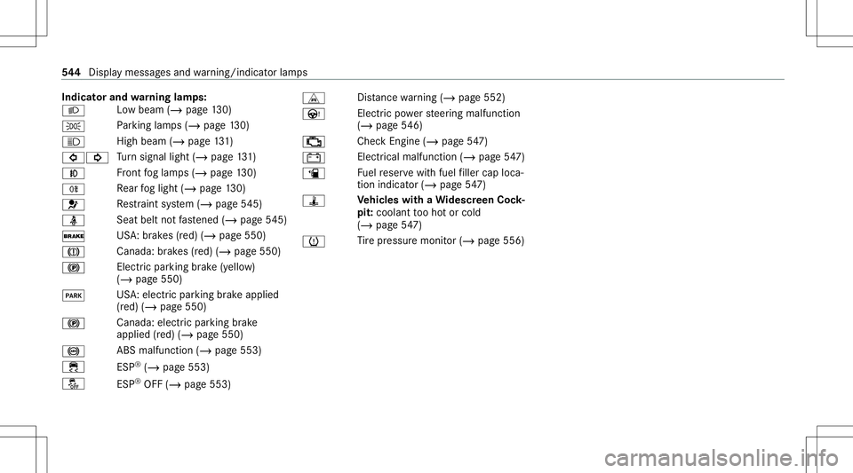 MERCEDES-BENZ GLB SUV 2020  Owners Manual Indi
catorand warning lam ps:
0058 Lo
wbeam (/page13 0)
0060 Pa
rking lam ps(/ page13 0)
0057 Hi
gh beam (/ page13 1)
003E003D Tu
rn signal light(/page13 1)
005A Fr
ont foglam ps(/ page13 0)
005E Re
a