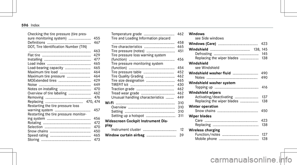 MERCEDES-BENZ GLB SUV 2020  Owners Manual Chec
kingth etir epr essur e(tir epr es‐
sur emonit oring system) ......................4 55
Def initio ns....... ................................... .467
DO T,Tire Identif ication Number (TIN)
....