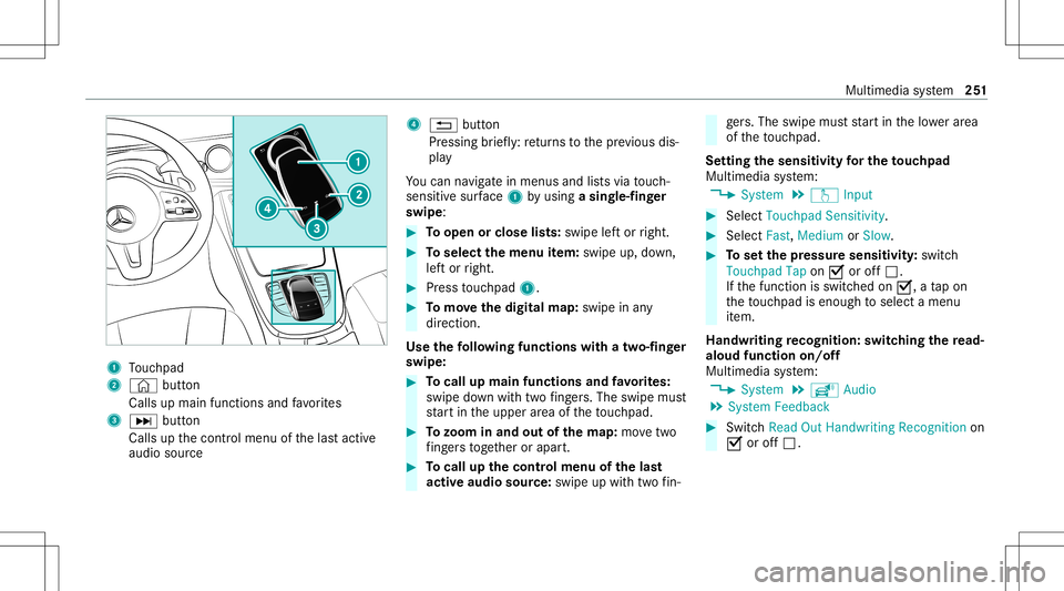 MERCEDES-BENZ C-CLASS CABRIOLET 2020 Owners Manual 1
Touc hpad
2 © button
Calls upmain function sand favo rite s
3 0055 button
Calls upthecon trol menu ofthelas tactiv e
audio source 4
0038 button
Pr essing brief ly:re tur ns tothepr ev ious dis‐
p MERCEDES-BENZ C-CLASS CABRIOLET 2020 Owners Manual 1
Touc hpad
2 © button
Calls upmain function sand favo rite s
3 0055 button
Calls upthecon trol menu ofthelas tactiv e
audio source 4
0038 button
Pr essing brief ly:re tur ns tothepr ev ious dis‐
p