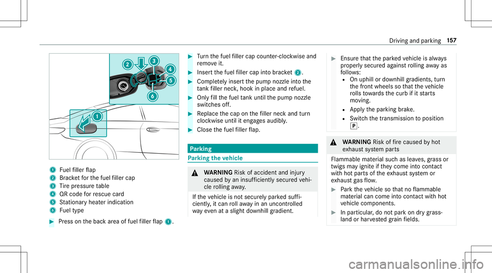 MERCEDES-BENZ E-CLASS CABRIOLET 2020  Owners Manual 1
Fuelfiller flap
2 Brac ketfo rth efuel filler cap
3 Tire pressur eta ble
4 QRcode forre scue card
5 Statio naryheat erind icat ion
6 Fueltype #
Press onthebac kar ea offuel filler flap 1. #
Turn the