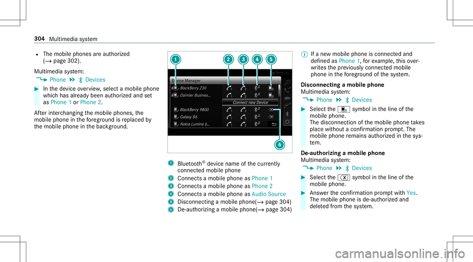 MERCEDES-BENZ E-CLASS CABRIOLET 2020  Owners Manual R
The mobile phones areaut hor ized
(/ page302).
Multimedia system:
4 Phone 5
00A5 Devic es #
Inthede vice overview, select amobile phone
whic hhas already been author ized andset
as Phone 1or Phone 2