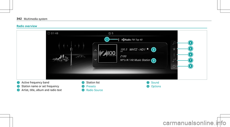 MERCEDES-BENZ E-CLASS CABRIOLET 2020  Owners Manual Ra
dio overview 1
Activefreq uency band
2 Statio nnam eor setfr eq uenc y
3 Artis t,tit le, album andradio text 4
Statio nlis t
5 Presets
6 Radio Source 7
Soun d
8 Options 34
2
Multimedia system 