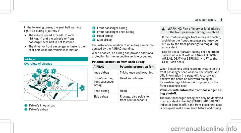 MERCEDES-BENZ E-CLASS CABRIOLET 2020  Owners Manual In
thefo llo wing cases ,th eseat beltwarning
light sup dur ing ajour neyif:
R The vehicle speed exceeds 15mp h
(25 km/ h)and thedr iver's orfront
passeng erseat beltisno tfa stened.
R The driver 