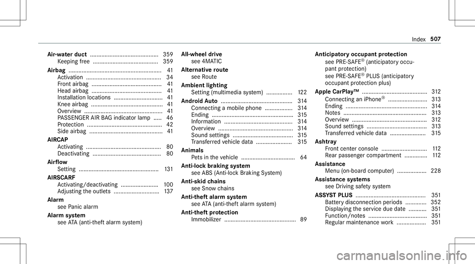 MERCEDES-BENZ E-CLASS CABRIOLET 2020  Owners Manual Air
-water duct .......................................... 359
Ke eping free ........................................3 59
Airb ag....... ..................................................41
Ac tivati 