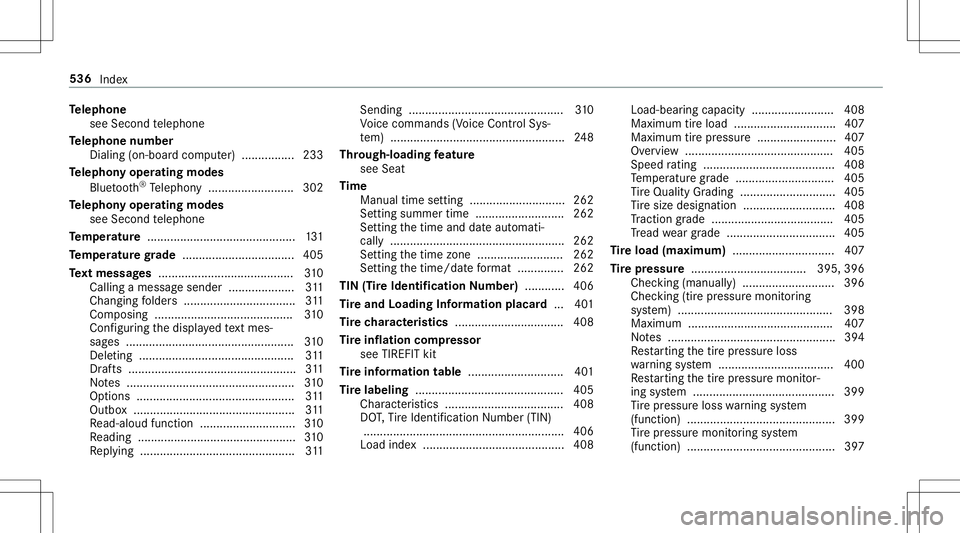 MERCEDES-BENZ E-CLASS CABRIOLET 2020  Owners Manual Te
lephone
see Second telephon e
Te lephone number
Dialin g(on- boar dcom puter) ................ 233
Te lephon yoper ating mod es
Blue tooth®
Te lephon y.......................... 302
Te lephon yope
