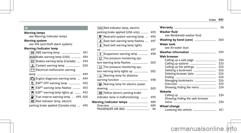 MERCEDES-BENZ E-CLASS CABRIOLET 2020  Owners Manual W
Wa rning lam ps
see Warning/ indic ator lam ps
Wa rning system
see ATA(anti-t heftal ar m system)
Wa rning/indicat orlam p
0025AB Swa rning lam p.......................4 91
0027 Brak ewa rning lam p