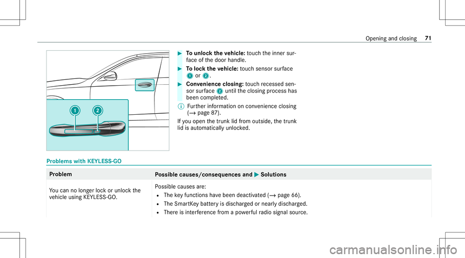 MERCEDES-BENZ E-CLASS CABRIOLET 2020  Owners Manual #
Tounlo cktheve hicl e:touc hth einner sur‐
fa ce ofthedoor handle. #
Toloc kth eve hicl e:touc hsen sor surface
1 or2. #
Convenience closing:touc hre cess edsen‐
sor surface 2untilth eclosing pr