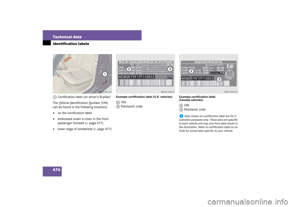 MERCEDES-BENZ E550 4MATIC 2007 W211 Owners Manual 476 Technical dataIdentification labels1Certification label (on driver’s B-pillar)
The V
ehicle I
dentification N
umber (VIN) 
can be found in the following locations:

on the certification label
