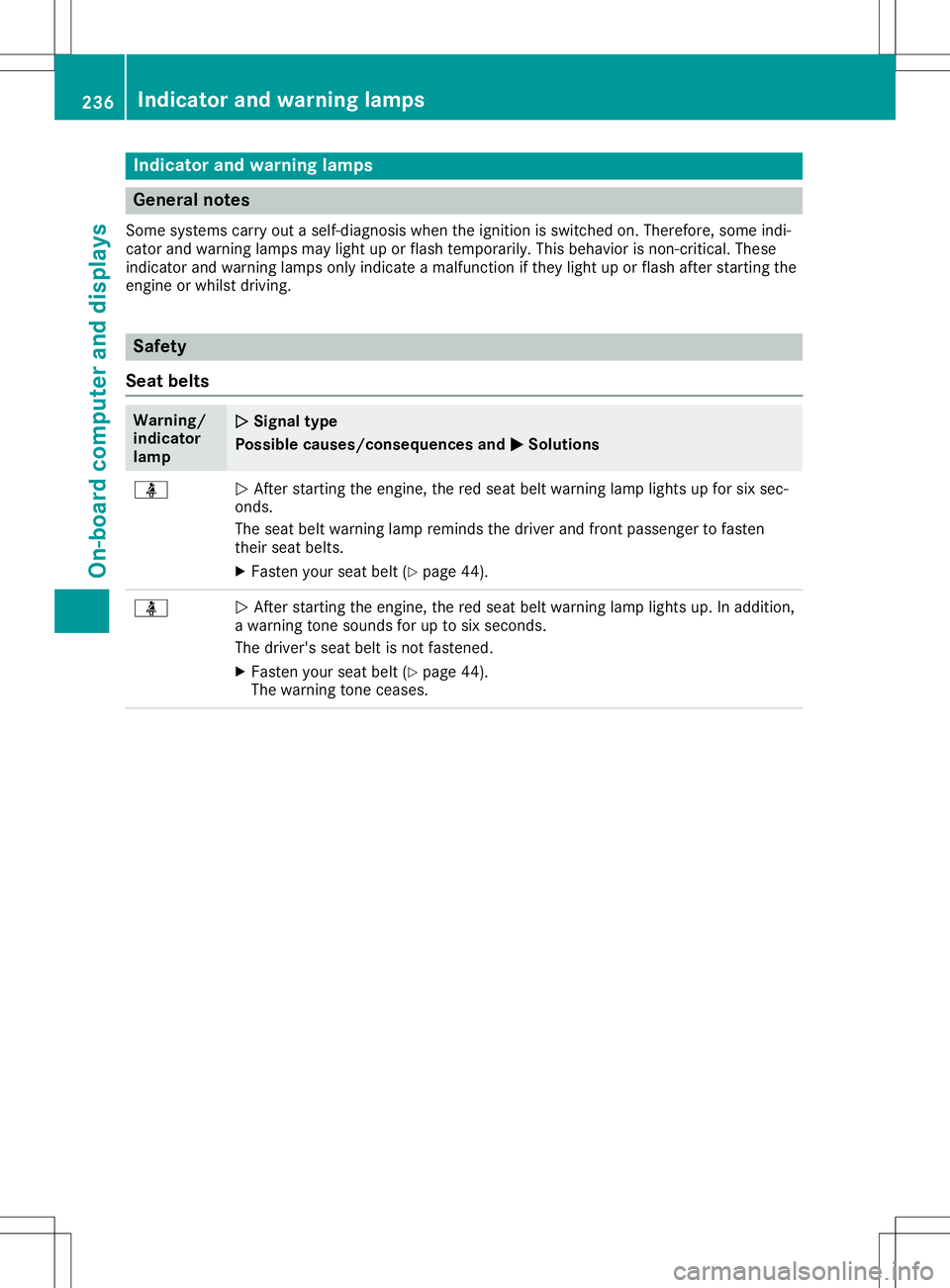 MERCEDES-BENZ SL ROADSTER 2020 Owners Manual Ind
icat orand warning lamps Gener
alnot es
So me syst ems carryout aself -diagn osis when theign ition isswit ched on.Ther efore, som eind i-
cat orand warn inglamp smay lightup orflas hte mpo rarily MERCEDES-BENZ SL ROADSTER 2020 Owners Manual Ind
icat orand warning lamps Gener
alnot es
So me syst ems carryout aself -diagn osis when theign ition isswit ched on.Ther efore, som eind i-
cat orand warn inglamp smay lightup orflas hte mpo rarily