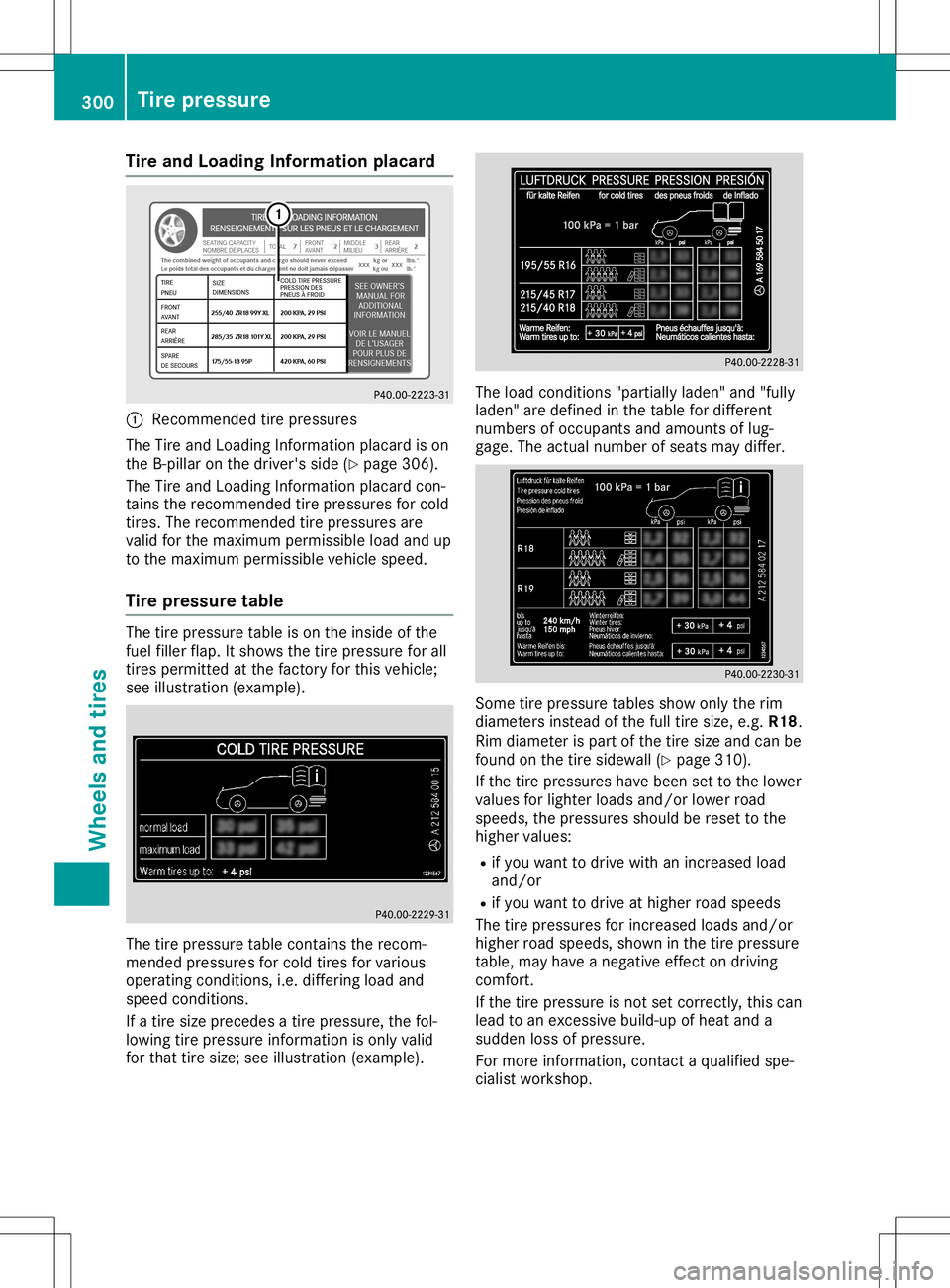MERCEDES-BENZ SL ROADSTER 2020 Owners Manual Tire
andLoadin gIn fo rmatio nplac ard 0043
Recomm endedtire pressu res
The Tire and Loading Info rma tionplaca rdison
the B-pillar on the driver 'sside (Ypage 306 ).
The Tire and Loading Info rma MERCEDES-BENZ SL ROADSTER 2020 Owners Manual Tire
andLoadin gIn fo rmatio nplac ard 0043
Recomm endedtire pressu res
The Tire and Loading Info rma tionplaca rdison
the B-pillar on the driver 'sside (Ypage 306 ).
The Tire and Loading Info rma