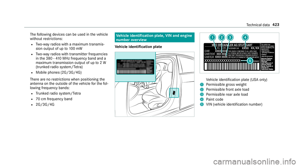 MERCEDES-BENZ C-CLASS SEDAN 2019  Owners Manual The
follo wing device scan beused intheve hicle
wit hout restrictions :
R Two-w ayradios withamaximum transmis ‐
sion output ofup to100mW
R Two-w ayradios withtra nsmit terfr eq uencie s
in the380 -