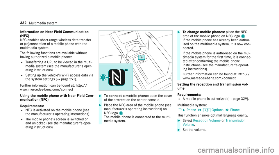 MERCEDES-BENZ S-CLASS SEDAN & MAYBACH 2019 Owners Manual Inf
orma tion onNearField Comm unication
(NFC)
NFC enabl esshor t-ra ng ewi reless datatransf er
or (re)con nection ofamobile phonewit hth e
multime diasystem.
The follo wing functionsar eav ailable w MERCEDES-BENZ S-CLASS SEDAN & MAYBACH 2019 Owners Manual Inf
orma tion onNearField Comm unication
(NFC)
NFC enabl esshor t-ra ng ewi reless datatransf er
or (re)con nection ofamobile phonewit hth e
multime diasystem.
The follo wing functionsar eav ailable w