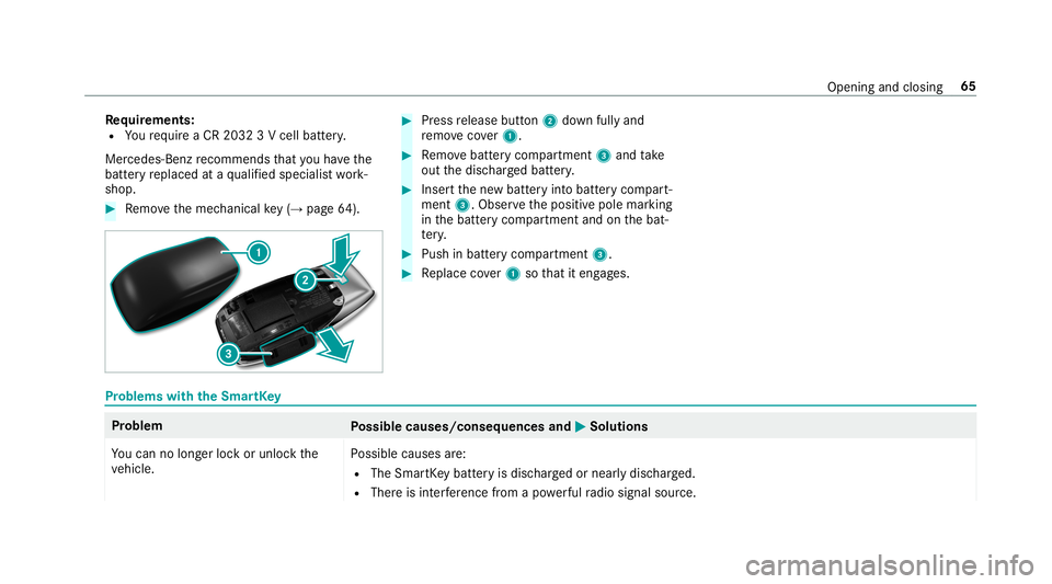 MERCEDES-BENZ S-CLASS SEDAN & MAYBACH 2019  Owners Manual Re
quirement s:
R Youre qu ire aCR 203 23V cell battery.
Mer cedes-Ben zre comme ndsthat youha ve the
batt eryre placed ataqu alif ied spec ialistwo rk‐
shop. #
Remo vethemec hanical key(→ pag e64