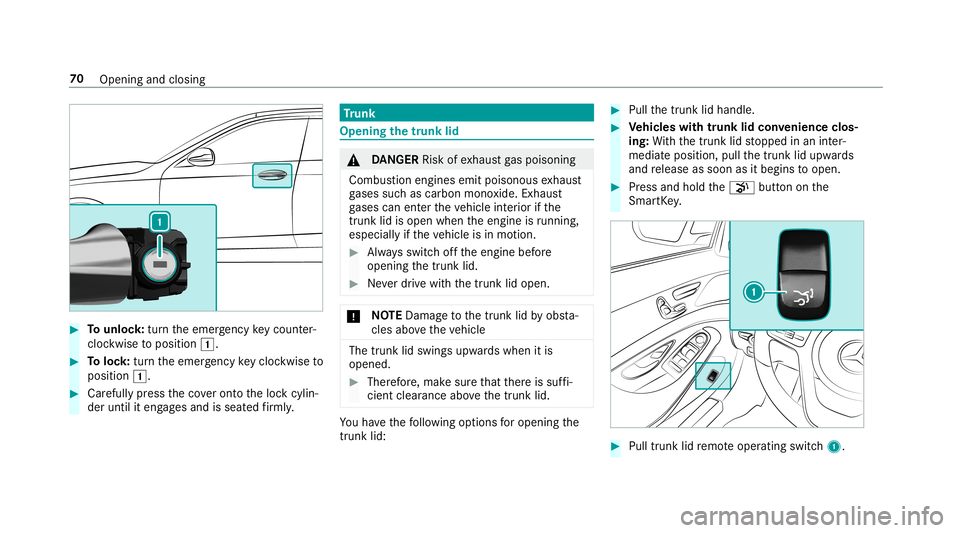 MERCEDES-BENZ S-CLASS SEDAN & MAYBACH 2019 Owners Manual #
Tounlo ck:tur nth eemer gency keyco unt er-
clo ckwise toposition 0047. #
Toloc k:tur nth eemer gency keyclo ckwise to
position 0047. #
Carefully press theco veront oth eloc kcyli n‐
der until ite MERCEDES-BENZ S-CLASS SEDAN & MAYBACH 2019 Owners Manual #
Tounlo ck:tur nth eemer gency keyco unt er-
clo ckwise toposition 0047. #
Toloc k:tur nth eemer gency keyclo ckwise to
position 0047. #
Carefully press theco veront oth eloc kcyli n‐
der until ite