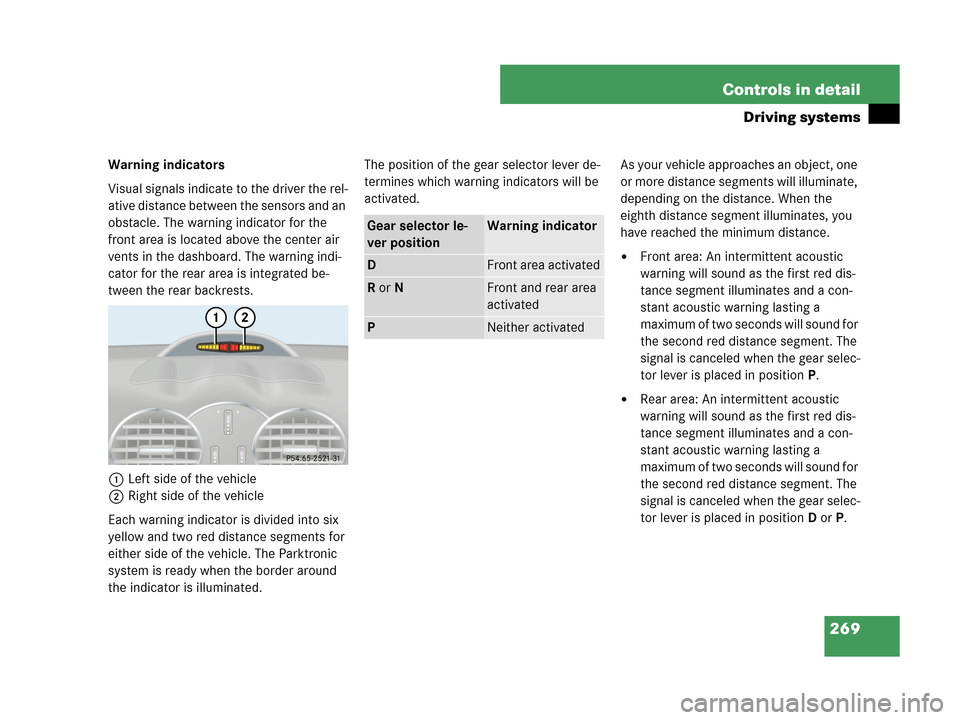 MERCEDES-BENZ CLK63AMG 2007 A209 Owners Manual 269 Controls in detail
Driving systems
Warning indicators
Visual signals indicate to the driver the rel-
ative distance between the sensors and an
obstacle. The warning indicator for the
front area MERCEDES-BENZ CLK63AMG 2007 A209 Owners Manual 269 Controls in detail
Driving systems
Warning indicators
Visual signals indicate to the driver the rel-
ative distance between the sensors and an
obstacle. The warning indicator for the
front area